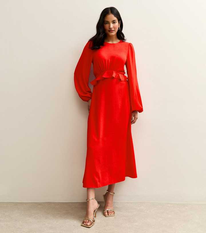 Red Ruffle Trim Long Sleeve Midi Dress | New Look