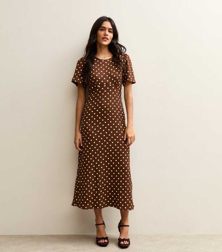 Brown Crinkle Texture Spot Print Midi Dress