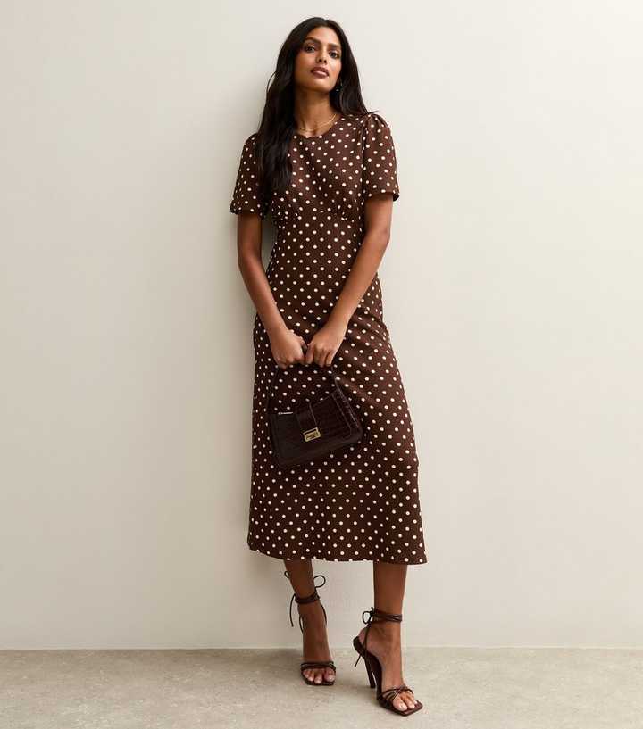 Brown Crinkle Texture Spot Print Midi Dress