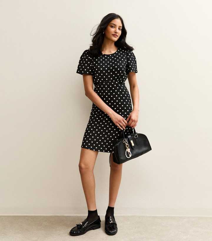 Black Crinkled Jersey Spot Short Sleeve Mini Dress