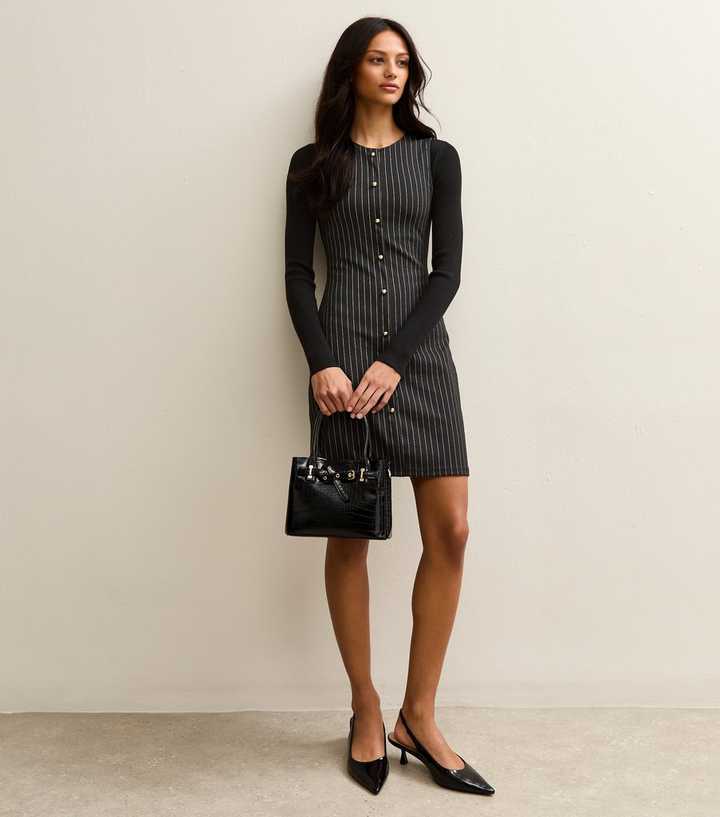 Black Pinstripe Button Up Mini Dress