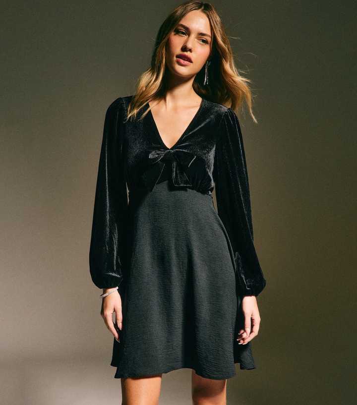Black Long Sleeve Velvet Bow Front Mini Dress
