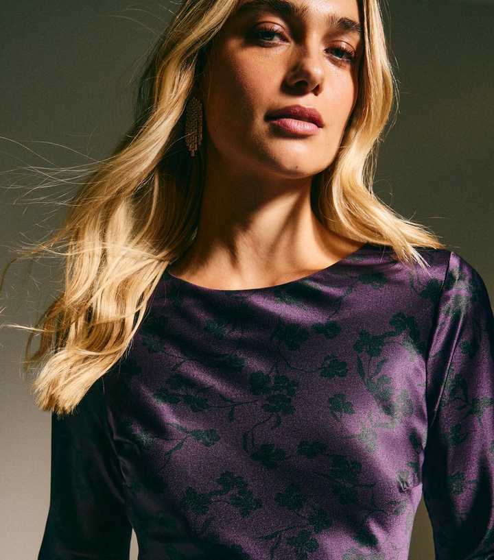 Purple Floral Satin Cowl Back Maxi Dress