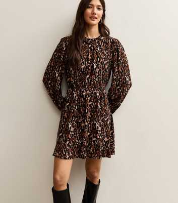 Brown Animal Print Flared Hem Mini Dress