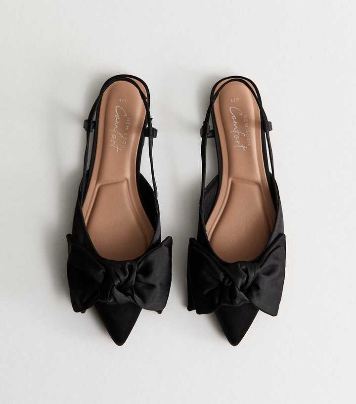 Black Satin Bow Slingback Ballerina Pumps