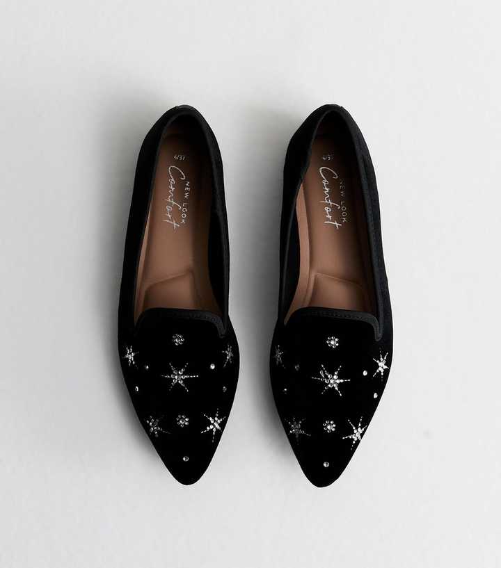 Black Velvet Diamante Embellished Slipper Loafers