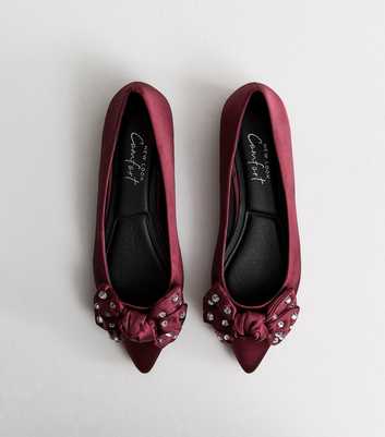 Burgundy Satin Diamante Embellished Bow Pumps