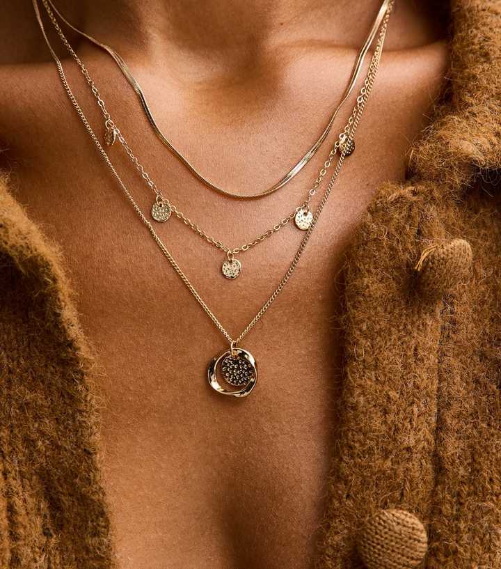 Gold Tone 3-Layer Diamante Circle Charm Necklace