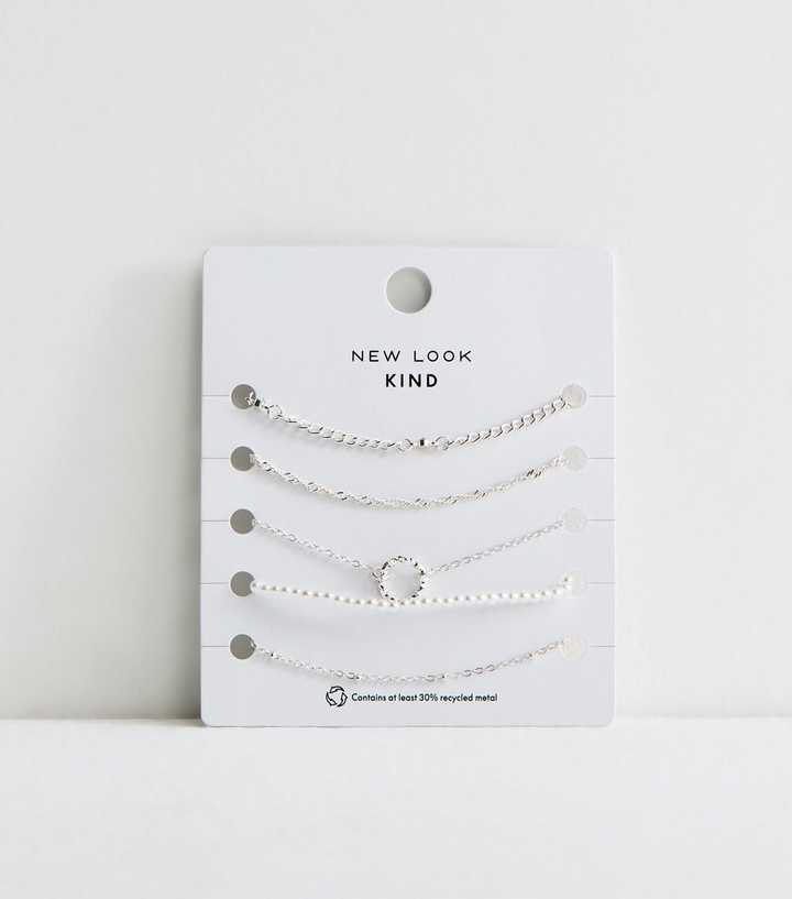 Pack of 5 Silver Tone Faux Pearl Chain Bracelets