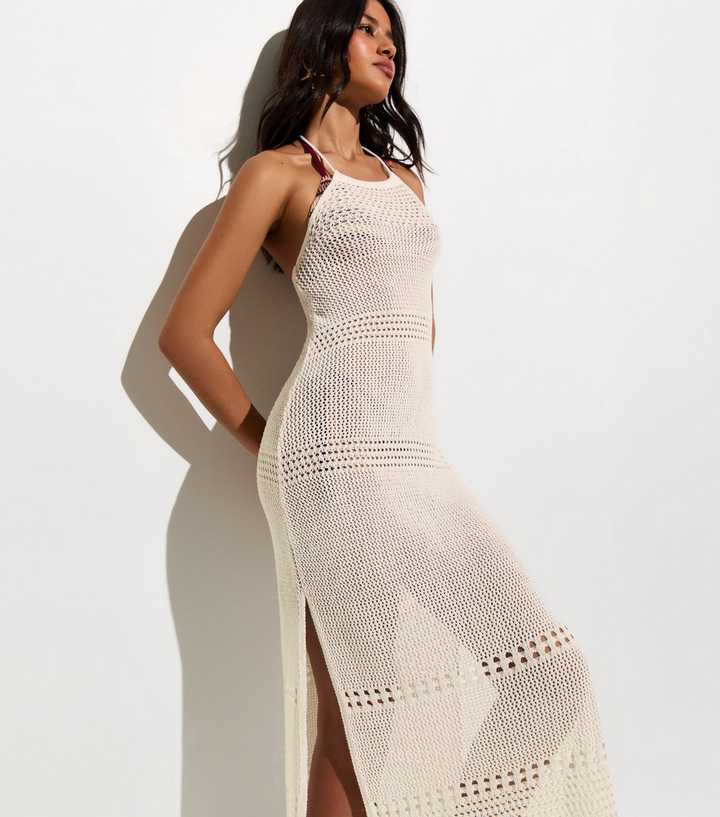 Cream Crochet Halter Neck Beach Maxi Dress