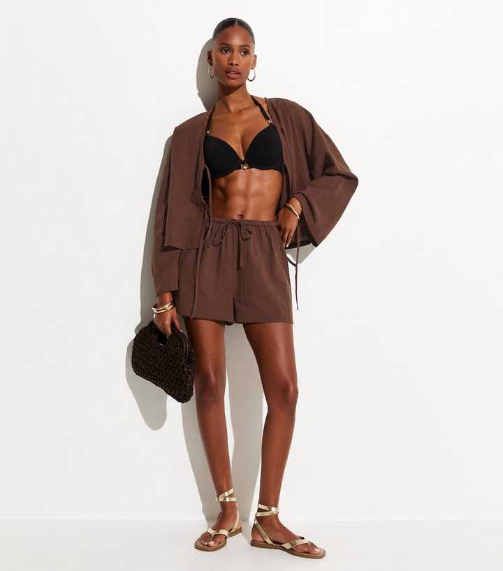 Brown Cotton Slub Beach Shorts