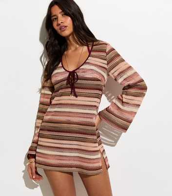 Pink Stripes Crochet Kaftan Beach Mini Dress
