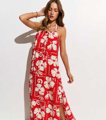 Red Floral Print Bead Detail Beach Maxi Dress