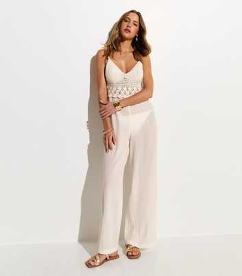 White Crochet Bodice Wide Leg Beach Jumpsuit