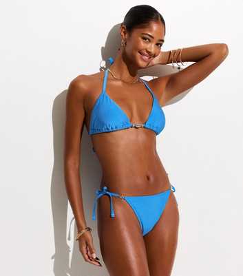 Mid Blue Shell Trim Side Tie Bikini Bottoms