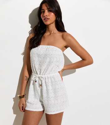 White Bandeau Jersey Broderie Beach Playsuit