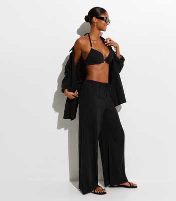 Beach Black Cotton Slub Wide Leg Trousers