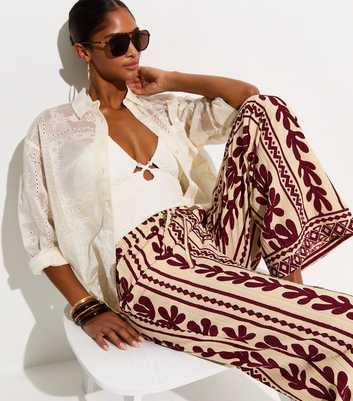 Brown Cactus Print Wide Leg Beach Trousers