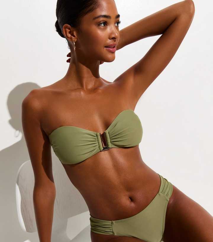 Light Green Ruched U Ring Bandeau Bikini Top