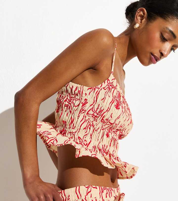 Red Sun Print Shirred Cami Beach Top