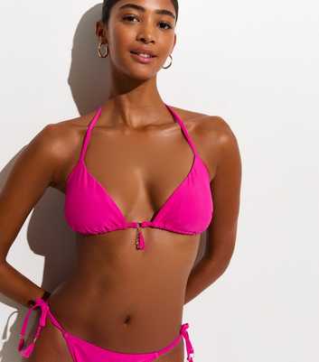 Bright Pink Tassel Trim Removable Padding Triangle Bikini Top