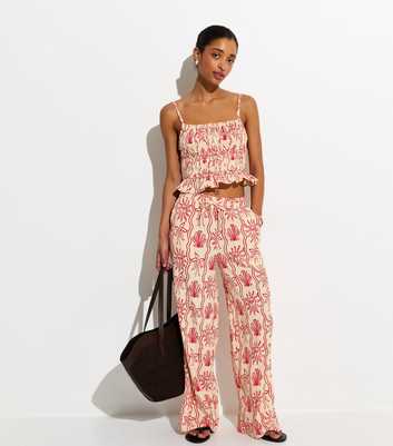 Red Sun Print Wide Leg Beach Trousers