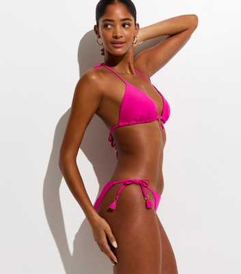 Bright Pink Tassel Trim Side Tie Bikini Bottoms