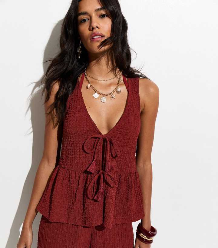 Rust Textured Jersey Peplum Beach Top