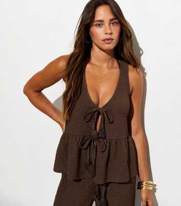 Dark Brown Textured Peplum Waistcoat Beach Top