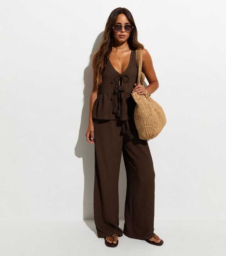 Dark Brown Textured Wide Leg Beach Trousers