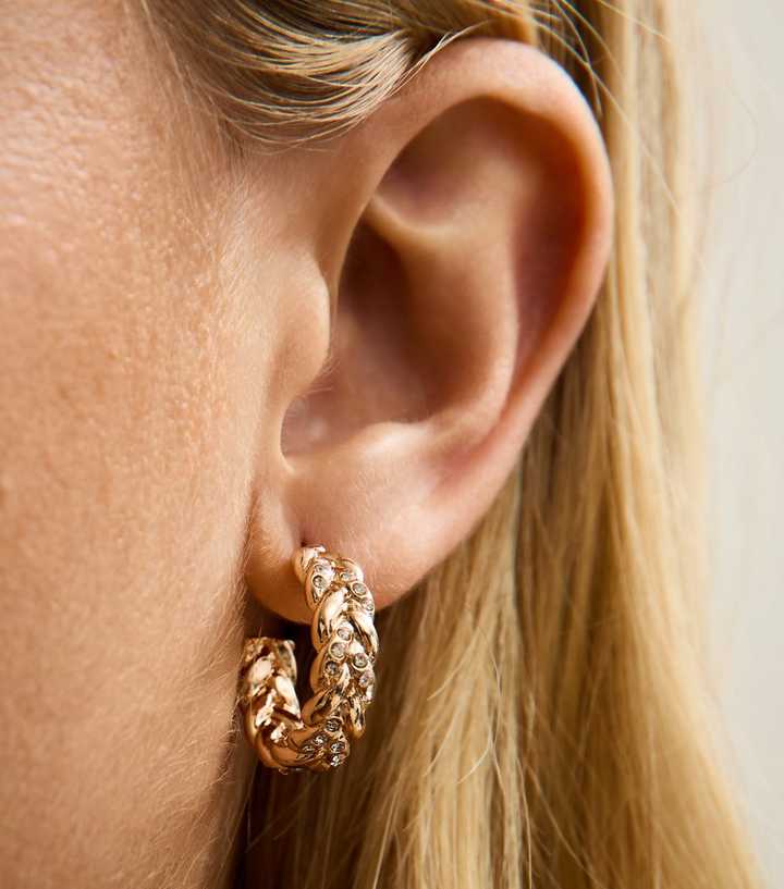 Gold Tone Diamante Embellished Plaited Mini Hoop Earrings