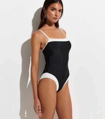 Black Contrast Trim Square Neck Swimsuit