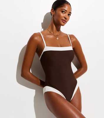 Mid Brown Contrast Trim Square Neck Swimsuit