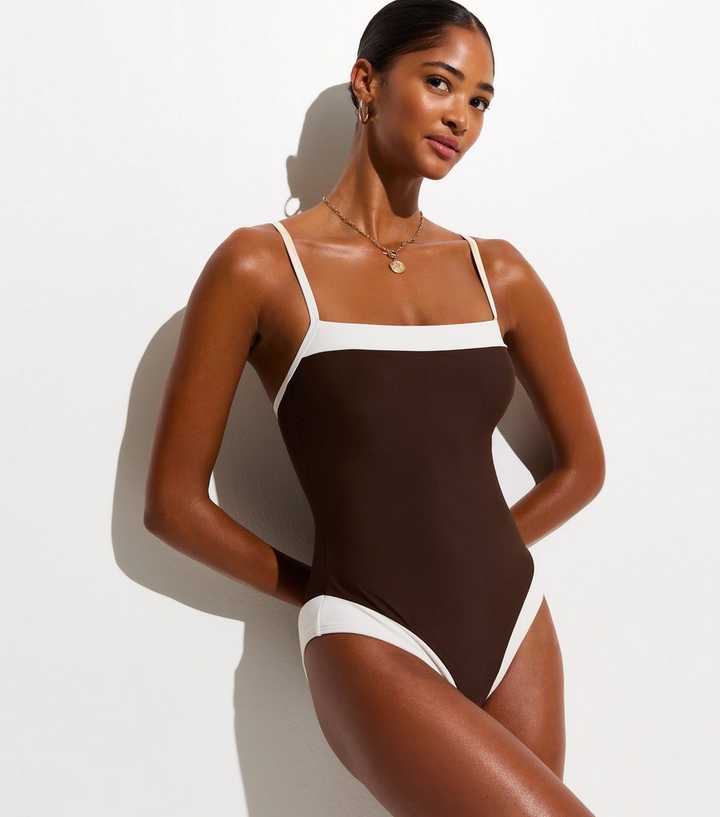 Mid Brown Contrast Trim Square Neck Swimsuit