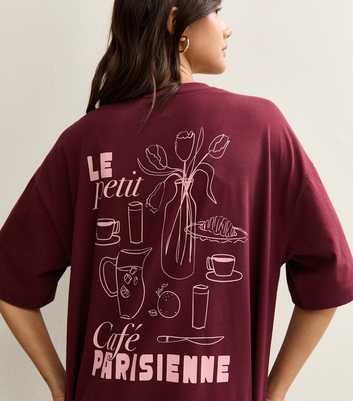 Burgundy Cafe Parisienne Print Oversized T-Shirt