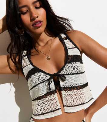 Cream Striped Tie Front Crochet Beach Waistcoat