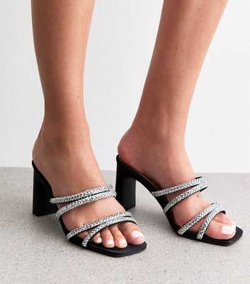 Wide Fit Black Embellished Straps Block Heel