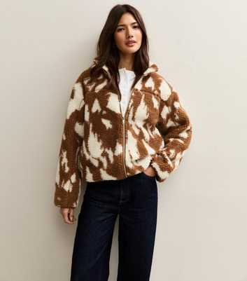 Tan Abstract Print Borg Zip Front Jacket