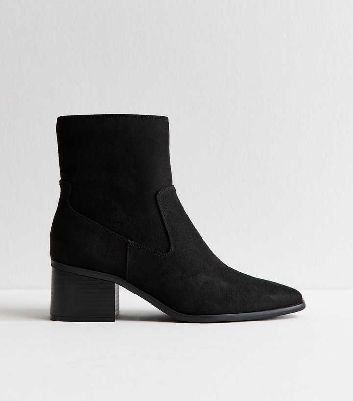 Black Faux Suede Block Heel Ankle Boots