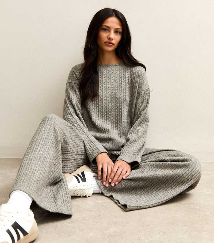 Grey Soft Touch Cable Knit Split Hem Top