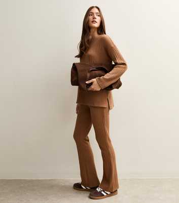 Tan Soft Touch Cable Knit Flared Trousers