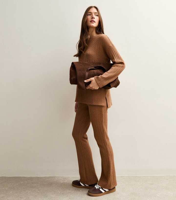 Tan Soft Touch Cable Knit Flared Trousers