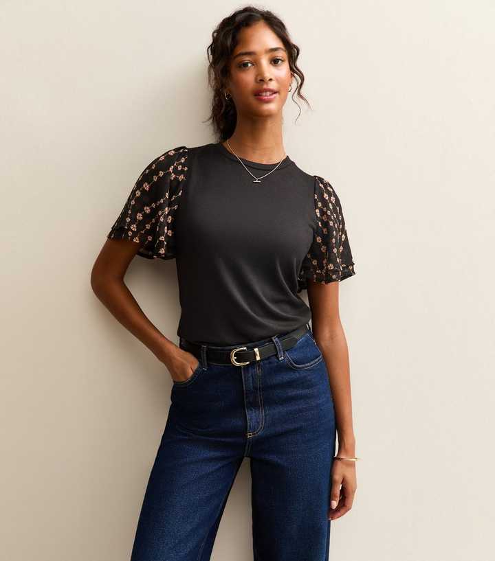 Black Soft Touch Floral Print Flutter Sleeve Top
