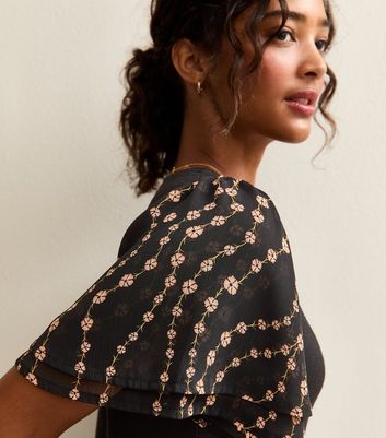 Black Soft Touch Floral Print Flutter Sleeve Top | New Look