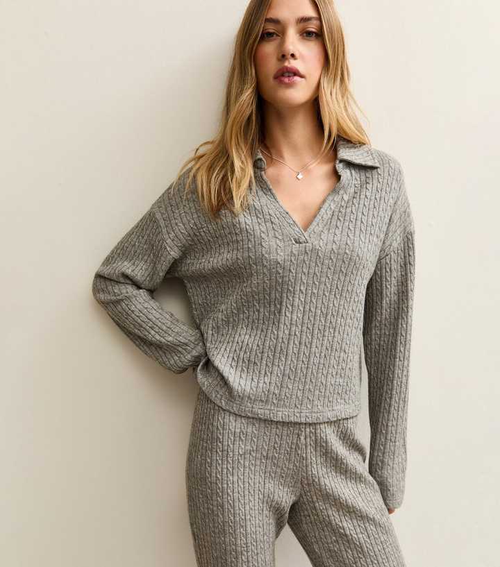 Mid Grey Soft Touch Cable Knit Polo Top