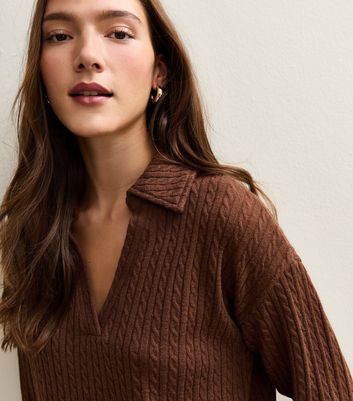 Camel Soft Touch Cable Knit Polo Top | New Look