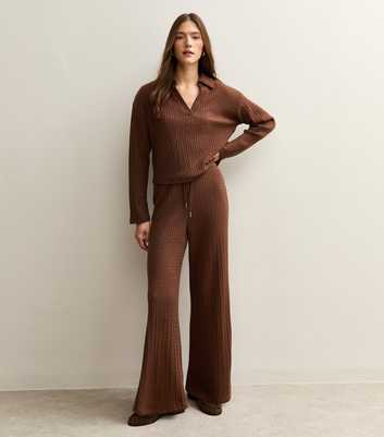 Brown Soft Touch Cable Knit Wide Leg Trousers