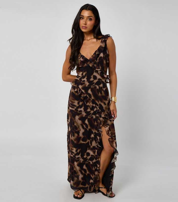 Urban Bliss Brown Tortoiseshell Print Ruffled Maxi Dress