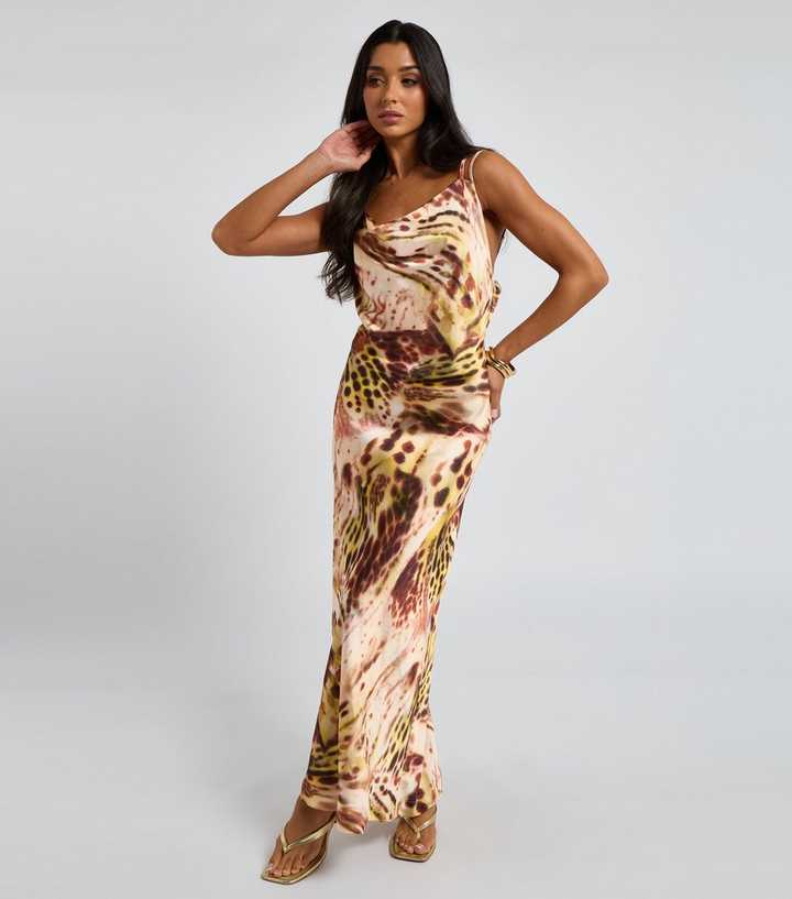 chinese dress ladies Ivory Satin Floral Print Cowl Neck Maxi Dress