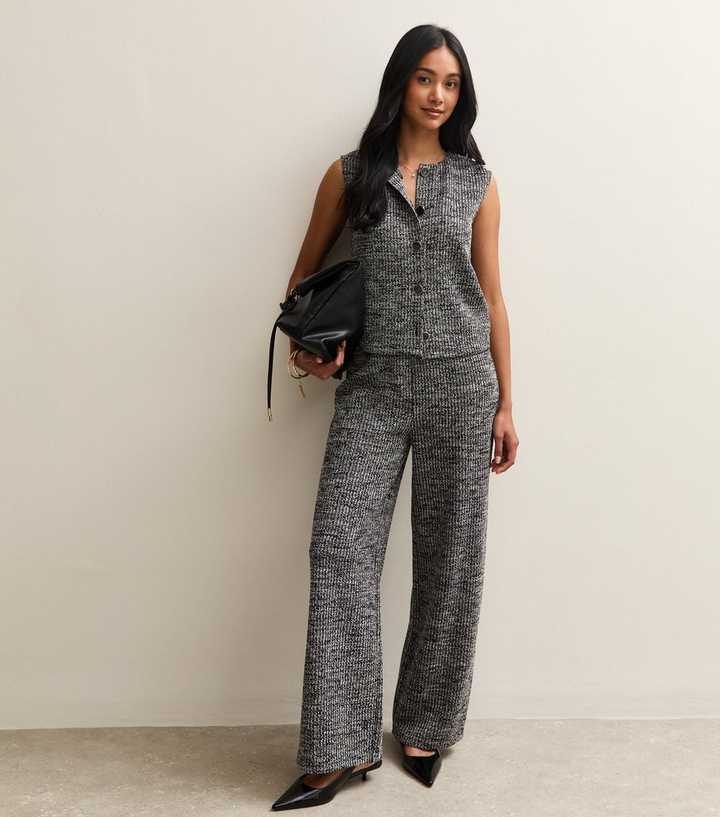 Black Soft Touch Ribbed Knit Wide Leg Trousers